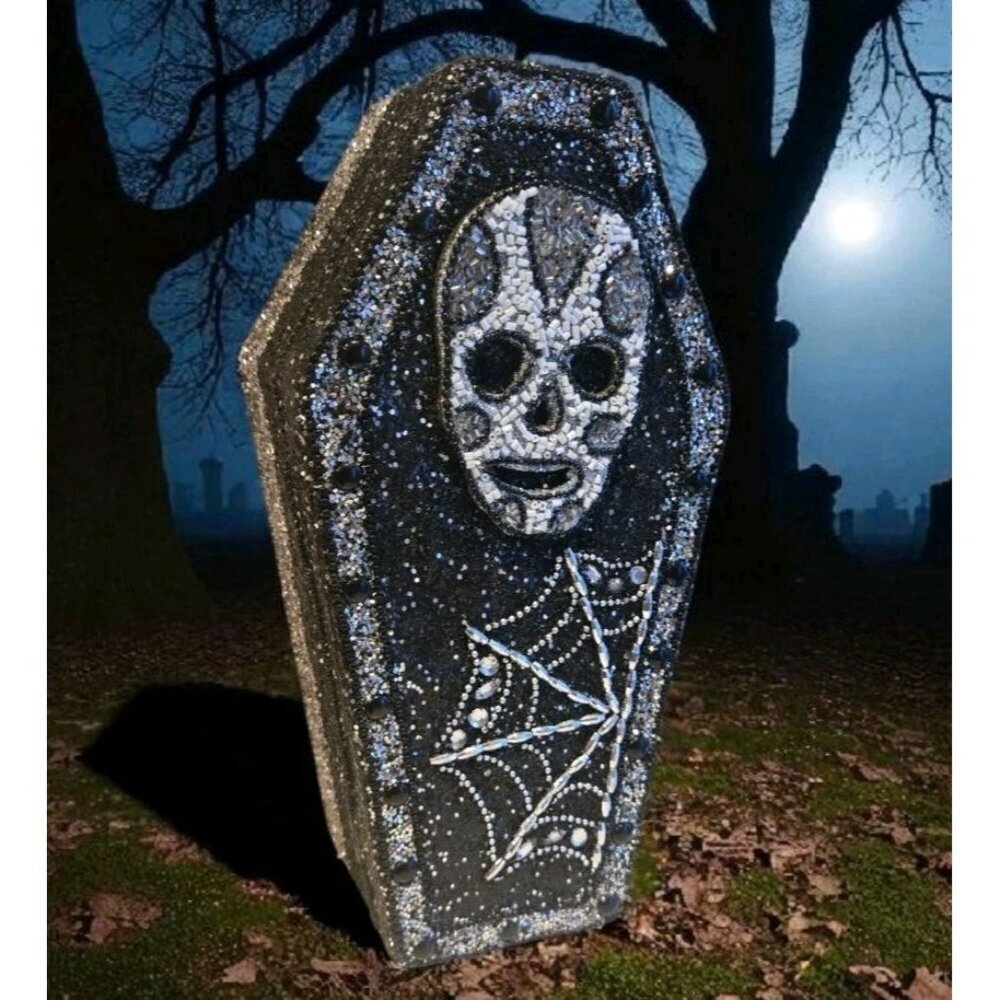 New LRG Black & White Skull Spider Web Halloween Beaded Coffin Box Storage Box